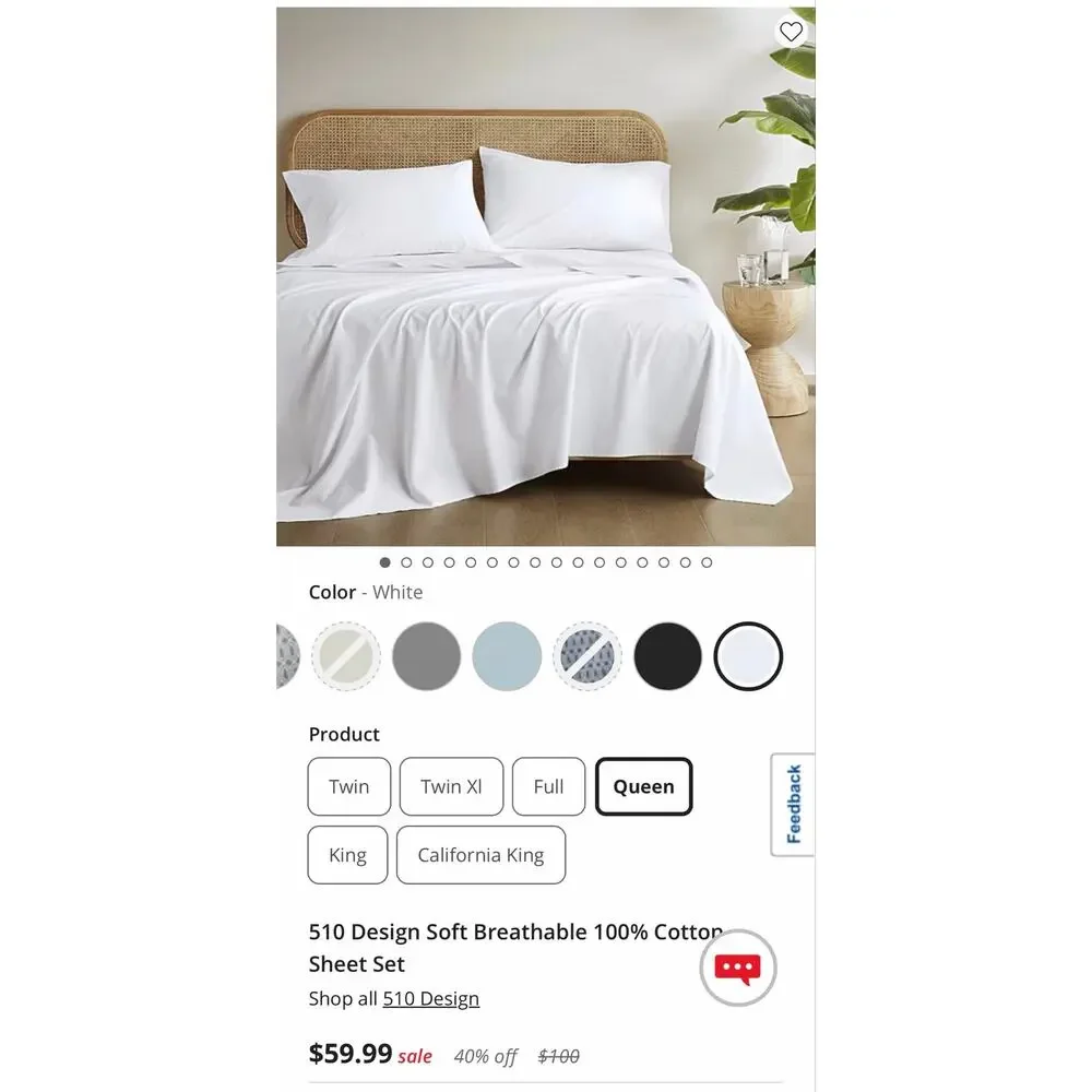 NEW! 510 Design Queen 4PC 100% Cotton Solid Sheet Set White